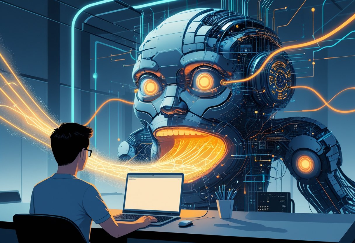 A person at a computer unknowingly sending streams of data into a large abstract AI figure made of digital code and circuitry in a modern workspace.