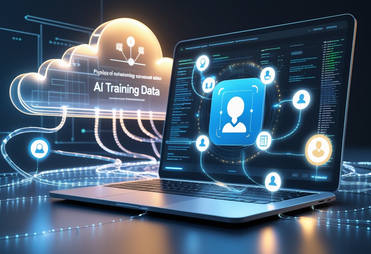 A computer and smartphone with streams of digital data flowing from them into a large cloud connected to servers, illustrating how free AI tools collect and use personal data.