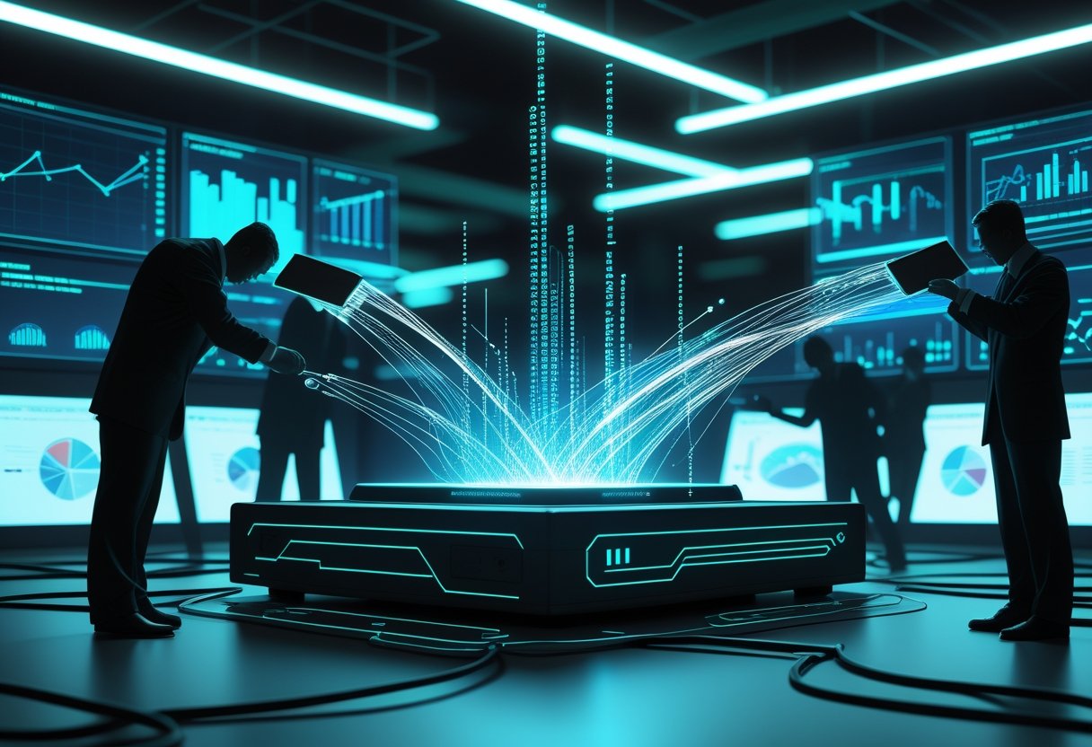 A futuristic office scene showing an AI device uploading data while shadowy figures intercept streams of information around it.