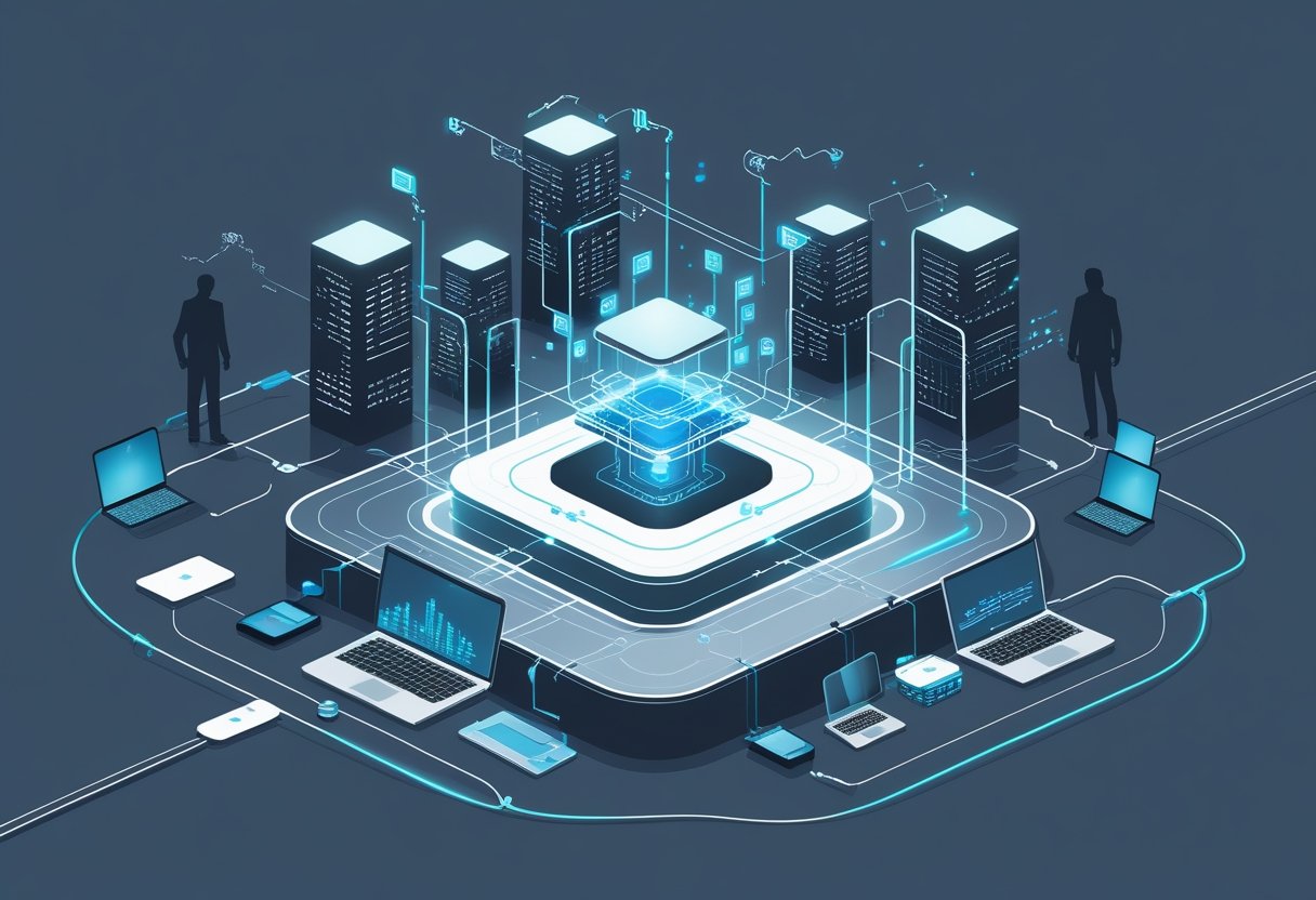 A digital scene showing data streams uploading into an AI system, with some data leaking toward shadowy figures around corporate buildings.