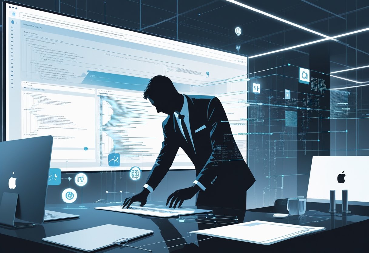 A businessperson in an office manipulating digital data on a transparent screen with glowing network connections, suggesting hidden data activity behind AI tools.