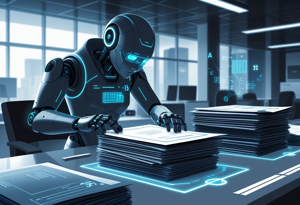 A futuristic AI machine scanning and analyzing stacks of confidential documents in a modern office setting.