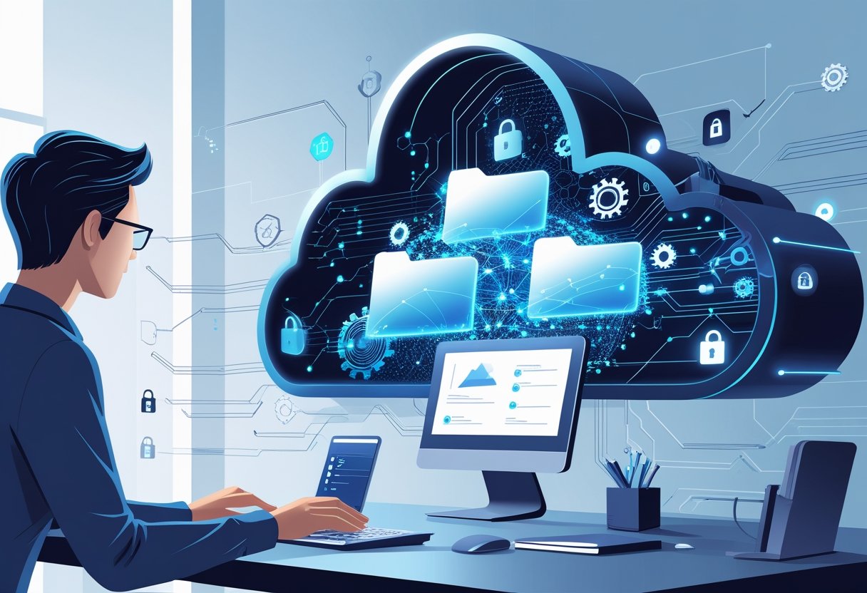A person at a computer uploading digital files into a glowing cloud server where the files transform into streams of data flowing through complex networks and AI processing symbols.